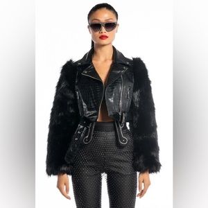 Brand New Azalea Wang Nola Faux Fur Sleeve Croc Moto Jacket Size Large